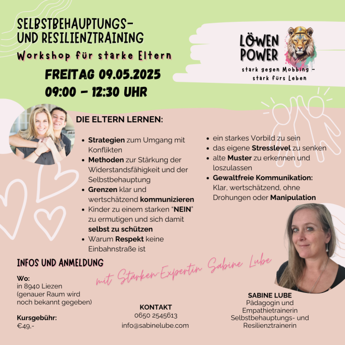 Workshop-Ankündigung zum Thema Selbstbehauptung und Resilienztraining für Eltern.